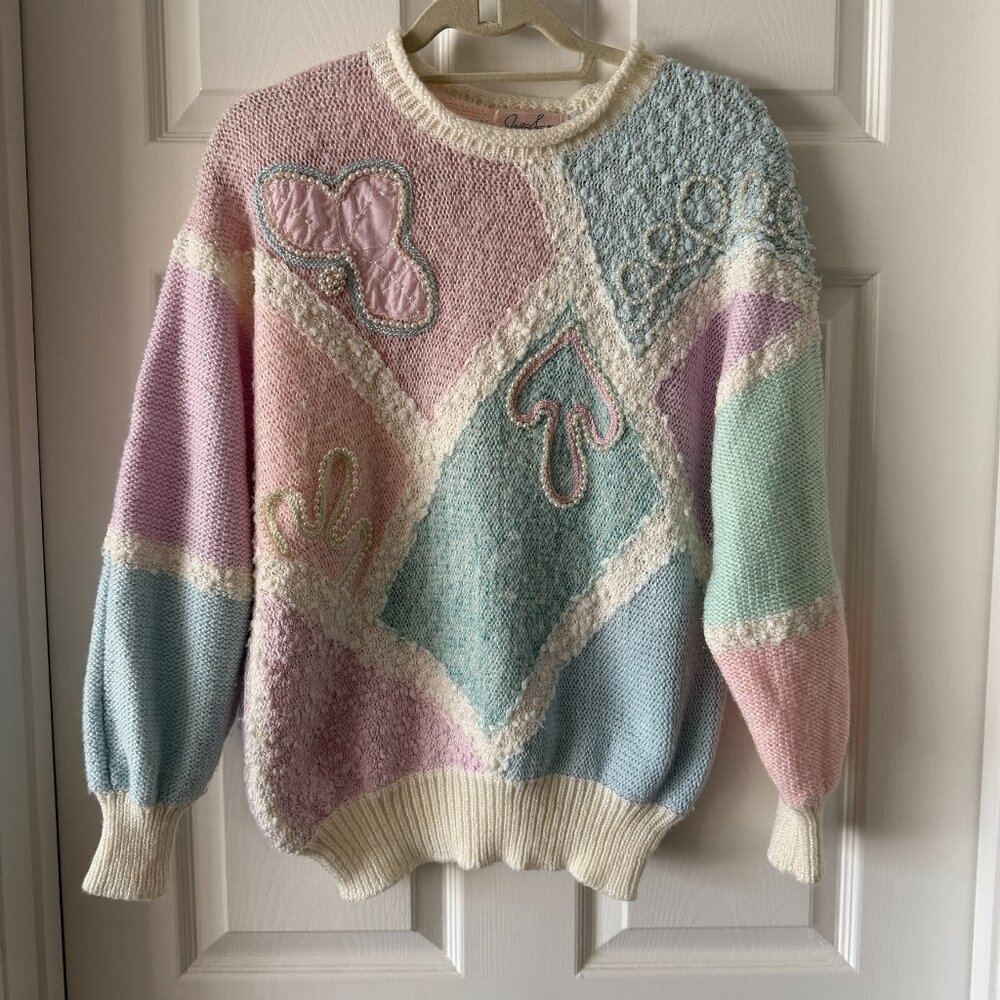 Vintage Jaclyn Smith Pastel Beaded Patchwork Sweater M 90s